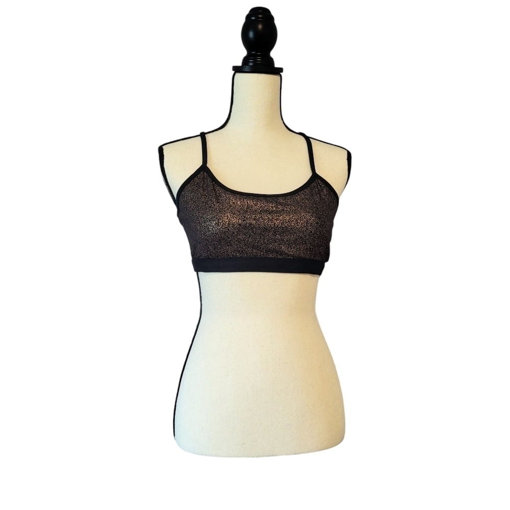Fabletics sports bra black foiled copper mesh panels strappy crisscross back M